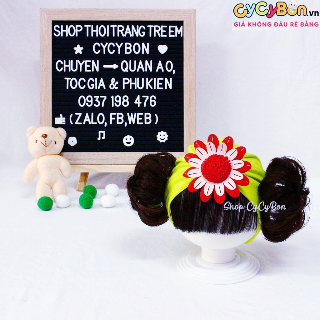 Mũ Nón Turban Tóc Giả Cho Bé Gái - Kèm Tóc Mái Và Tóc Giả 2 Bên - Chất Thun Cotton Màu Xanh Lá Đính Bông Cúc Đỏ !