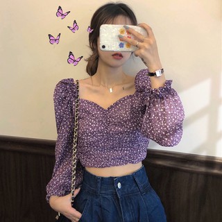 (ORDER) Áo kiểu nữ voan hoa nhí màu tím retro nhẹ nhàng cổ vuông vai bồng gợi cảm
