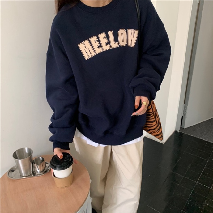 Áo sweater in chữ Meelow Unisex  Nỉ form rộng dài tay phồng kiểu dáng basic đường phố hàn quốc peonyb