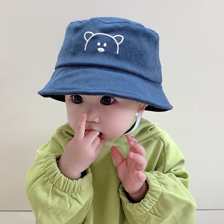 Mũ Vải Cho Bé - Mũ vành tròn thêu hình Gấu có quai phong cách Hàn Quốc cho bé trai bé gái từ 0-2 tuổi