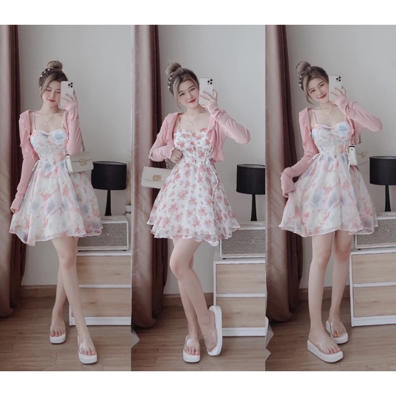 Đầm voan hoa 2 dây kèm áo khoác mẫu hot siêu ngọt ngào