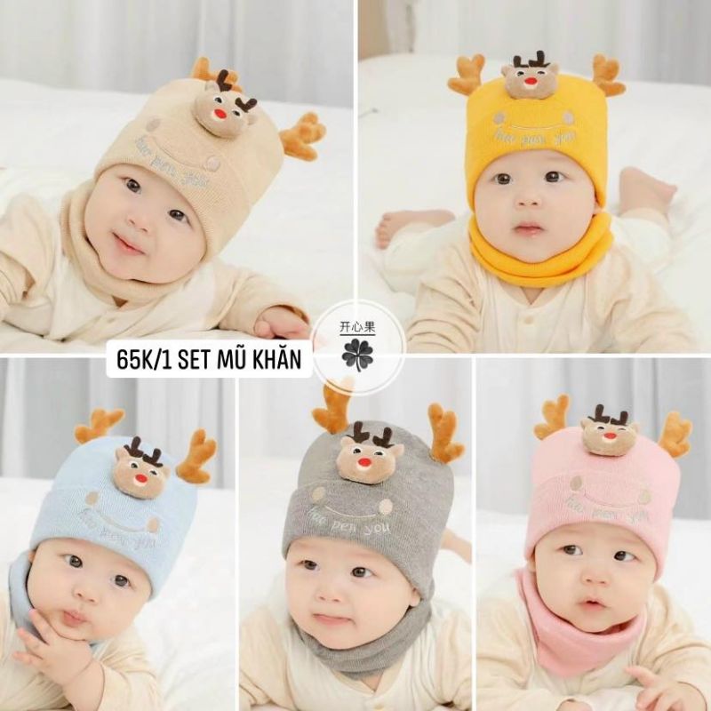 Mũ Len Tuần Lộc Kèm Khăn Siêu Ấm Cho Bé 4 - 16 Tháng Tuổi