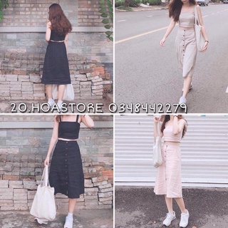 SET ÁO CROPTOP 2 DÂY ĐŨI + CHÂN VÁY MIDI PHỐI NÚT ULAZZANG
