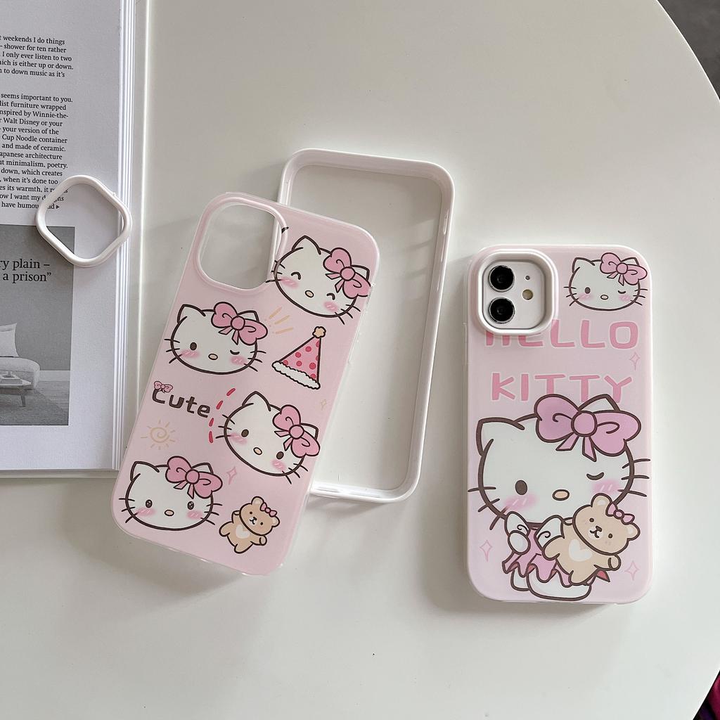 Ốp Điện Thoại Viền Cong in Hình Hello Kitty 3 Trong 1 Cho IPhone 13Promax 12 11 7plus X XS XR XSMAX 8 7