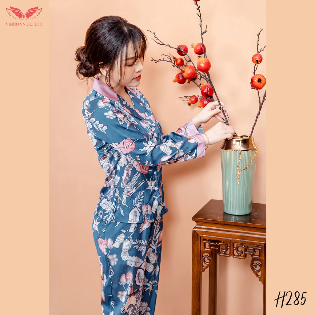 Bộ Pijama Mặc Nhà Nữ Lụa Pháp Cao Cấp Kiểu Tay Dài Quần Dài Họa Tiết Tropical Màu Xanh Sang Chảnh H285 VNGO