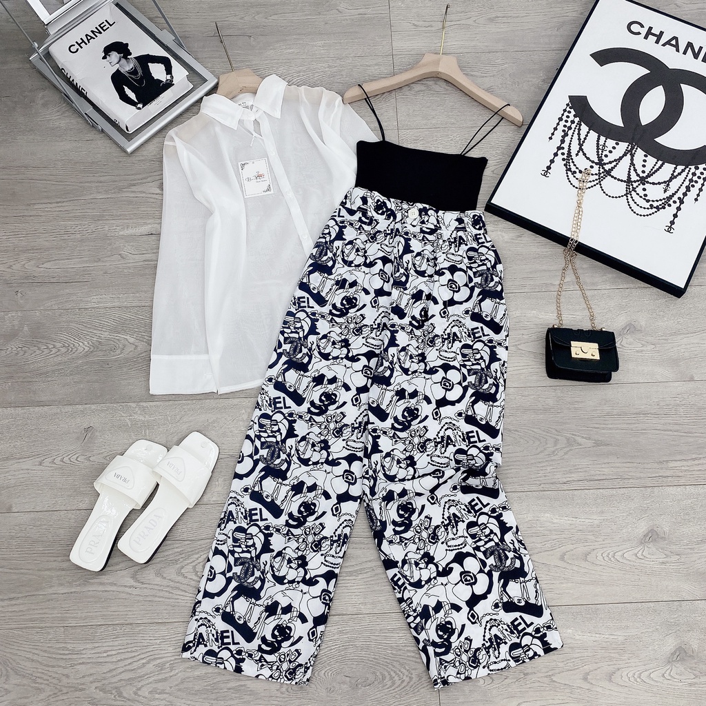 Set đồ nữ, set 3 món áo croptop dây bún chất borip, áo sơ mi tơ nhũ, quần suông dày dặn - Tuệ Nhiên