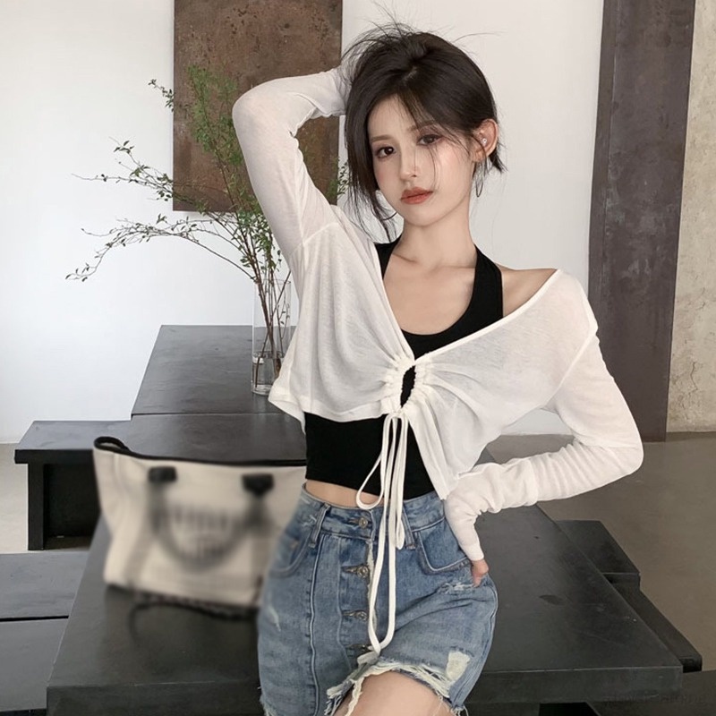 Áo Thun Croptop Dệt Kim Tay Dài Chống Nắng Thiết Kế Dây Rút Phong Cách Hàn Quốc