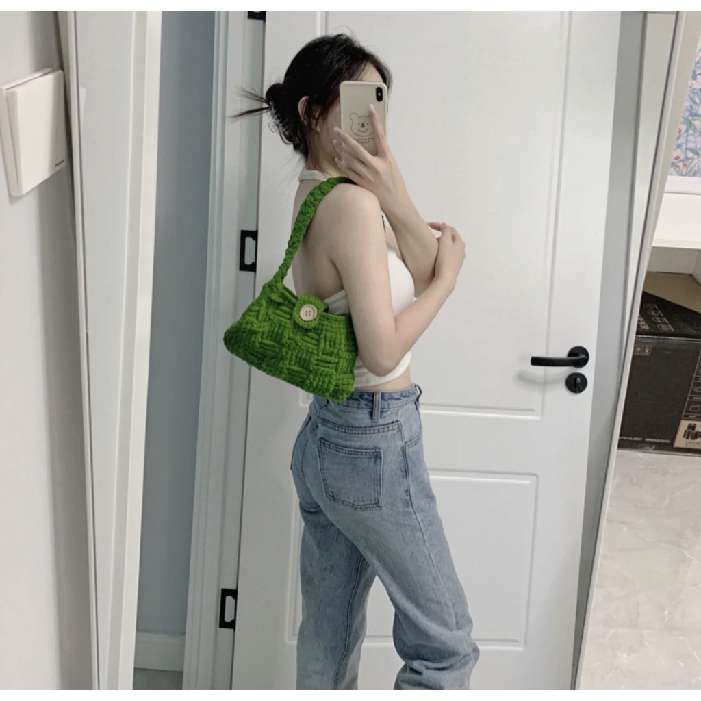 💎𝐀𝐌𝐎𝐑𝐌𝐈𝐎💎 Túi Xách Tay Họa Tiết Caro Đan Dây Chất Liệu Len Bông Phong Cách Hàn