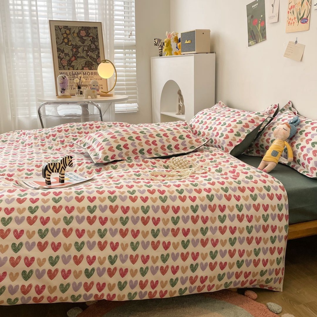 Bộ chăn ga gối drap Cotton Poly Gấu decor đủ mọi kích thước ga giường - Trái tim nhỏ bé