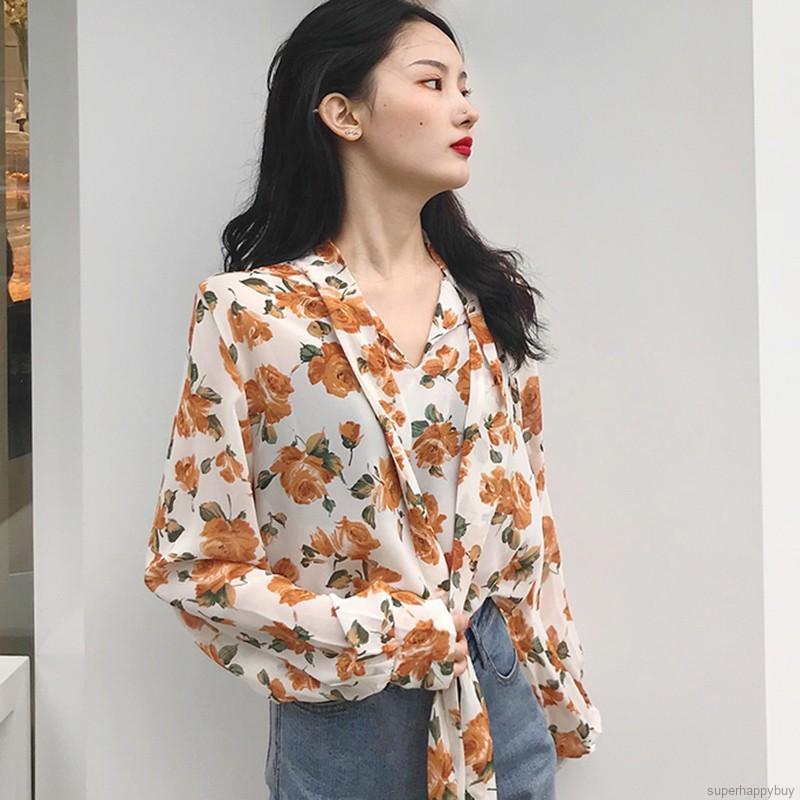 Áo kiểu cho nữ bằng vải chiffon xẻ cổ chữ V in hoa gợi cảm