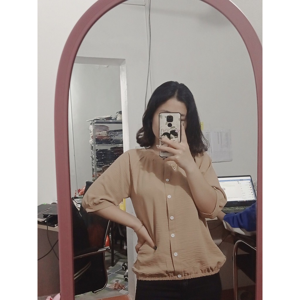 Áo sơ mi nữ Chất Đũi tay lỡ cổ tròn form rộng, che khuyết điểm, mặc đi làm, đi chơi đều phù hợp