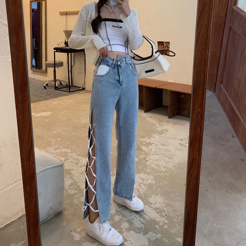 Real Shot Spot Summer Korean Version of Ins Design Sense High Waist Split Strap Jeans Women Straight Thin Loose Wide Leg Pants Tide Wash, Zipper, Buttons Light Blue S,M,L,XL