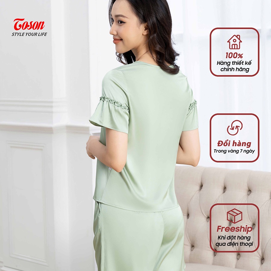 Bộ đồ măc nhà lụa : áo cổ V phối ren tay nhún bèo+ Quần sooc -MN001P51- TOSON