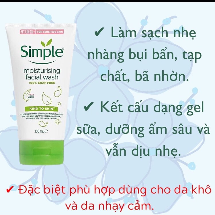 Sữa Rửa Mặt Dạng Gel Simple Kind To Skin Refreshing Facial Wash Gel, SRM sạch sâu Moisturising Facial Wash