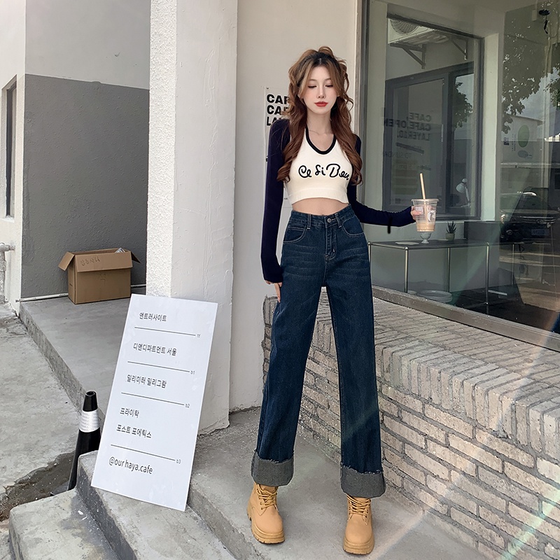 Quần jeans Nữ Lưng Cao Ống Rộng Thời Trang