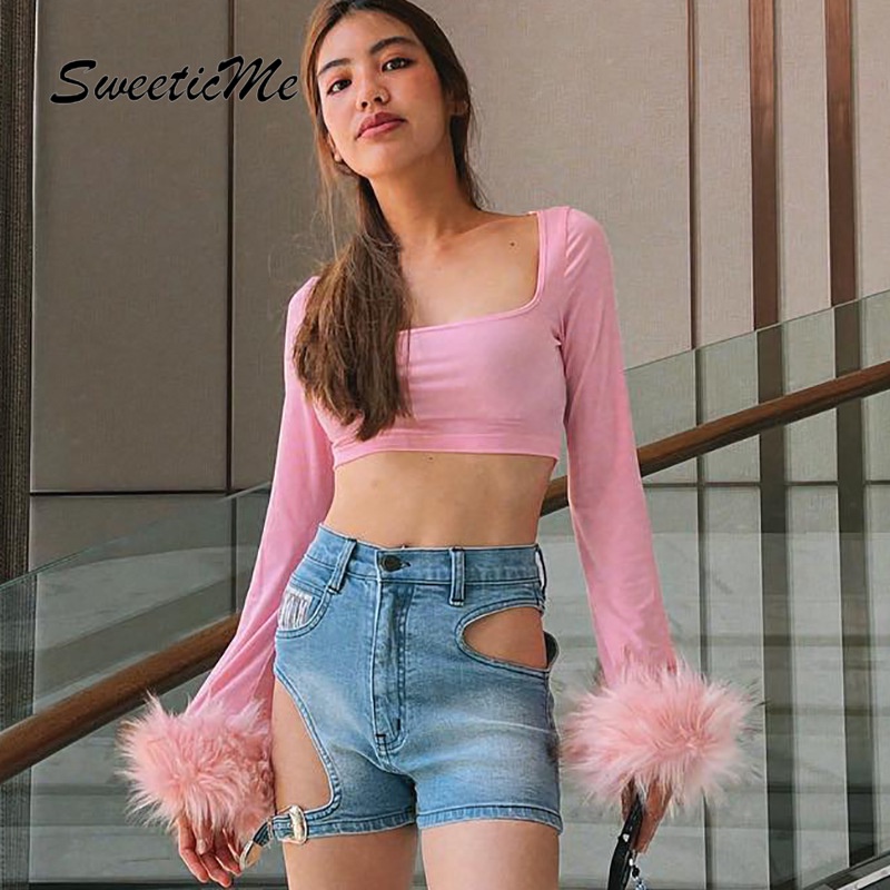 Áo Thun Tay Dài Cổ Chữ U Màu Trơn Form Ôm SweeticMe   Thời Trang Cho Nữ