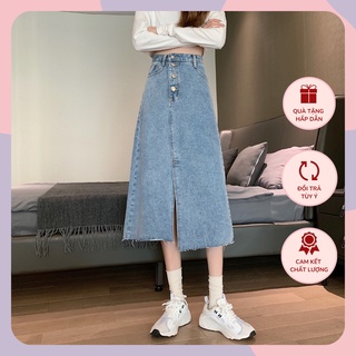 Chân váy bò dài WANAWEAR chân váy jean xẻ trước hàng cúc dáng chữ a qua gối cực xinh chất đẹp hot trend