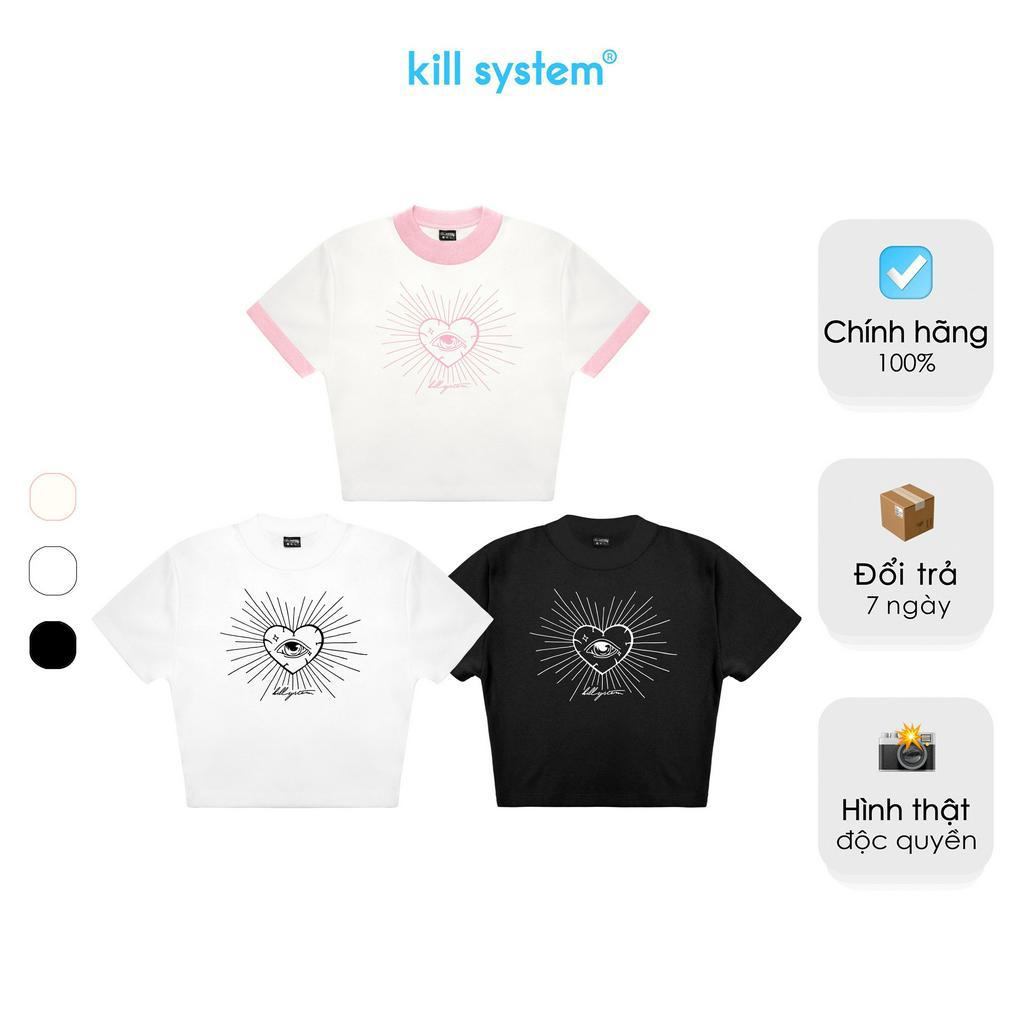 Áo thun croptop Kill System tay ngắn Alina màu kem thêu hình trái tim chất thun gân co giãn