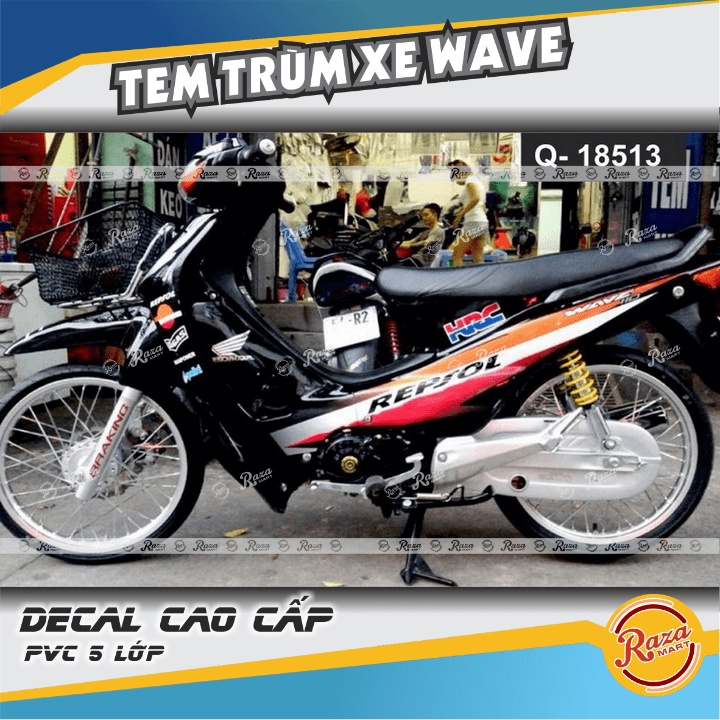 Tem Trùm xe Wave nhỏ, Wave ZX, Wave đời đầu màu xanh trắng đỏ đen | Decal PVC 5 lớp cao cấp | Mã tem: WAV 1004