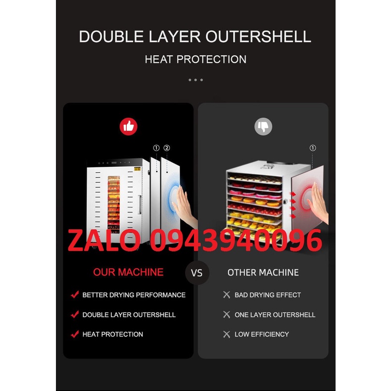 Máy sấy thực phẩm 16 khay sấy trái cây khô heo bò gà-inox 100%-lớp cách nhiệt dày dặn-bảo hành 1 năm