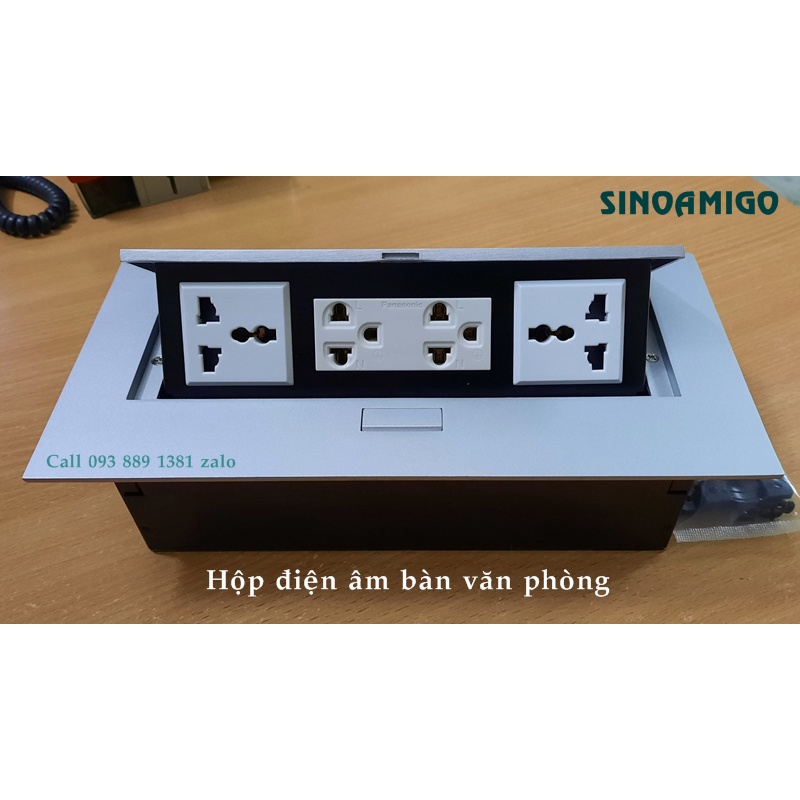 Hộp đựng ổ cắm điện âm bàn Sinoamigo STS-212S màu bạc gồm 4 ổ điện 3 chấu, lắp văn phòng, quầy bar, bàn họp