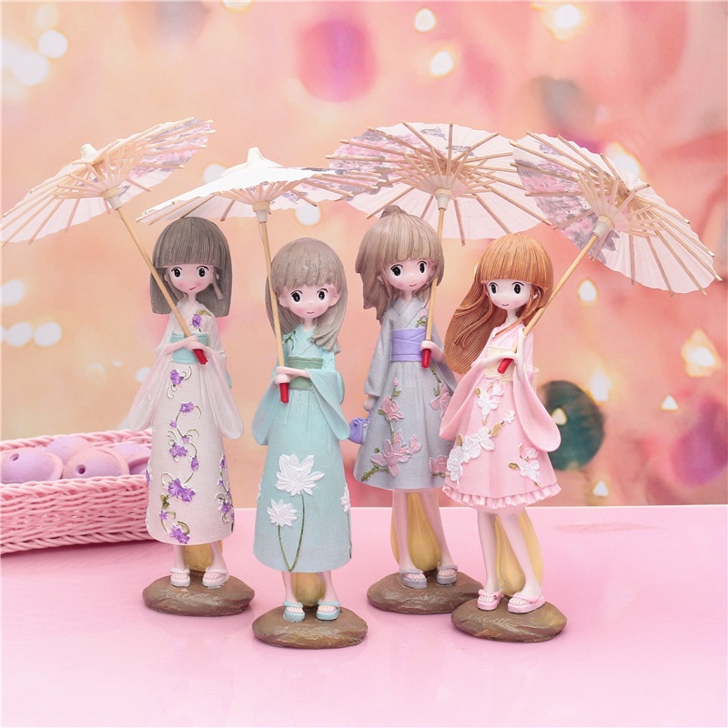 [Hàng mới về] Tượng trang trí để bàn hình cô gái Nhật Bản cầm dù mặc kimono - Đồ trang trí bàn size To búp bê Nhật Bản
