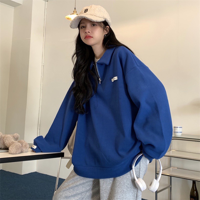 Áo sweater , Áo nỉ kéo khóa cổ màu xanh dương trơn phối họa tiết đơn giản