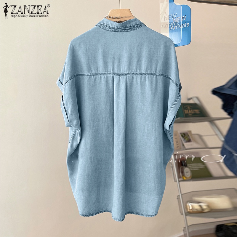 Áo sơ mi ZANZEA vải denim ngắn tay dáng rộng phối túi thời trang dành cho nữ