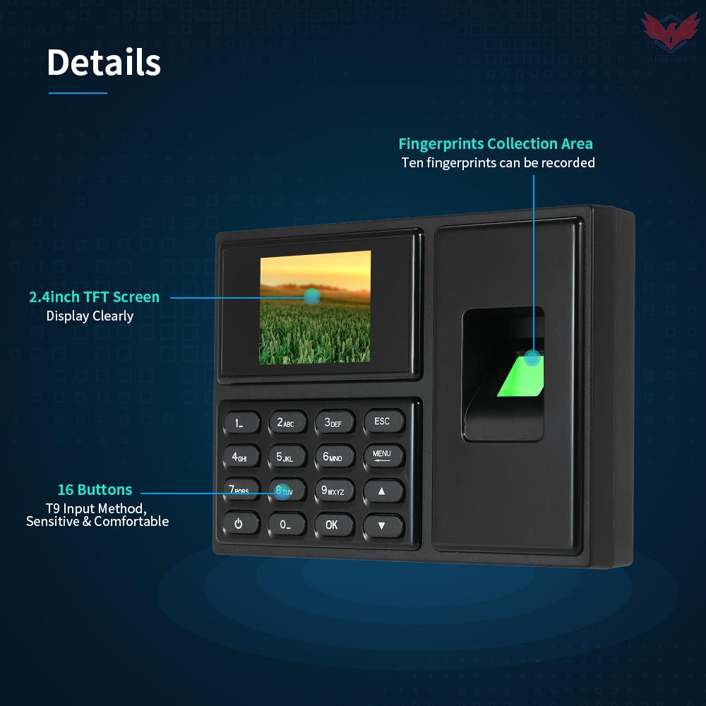 Fir Intelligent Biometric Fingerprint Password Attendance Machine Employee Checking-in Recorder 2.4 inch TFT LCD Screen DC 5V Time Attendance Clock