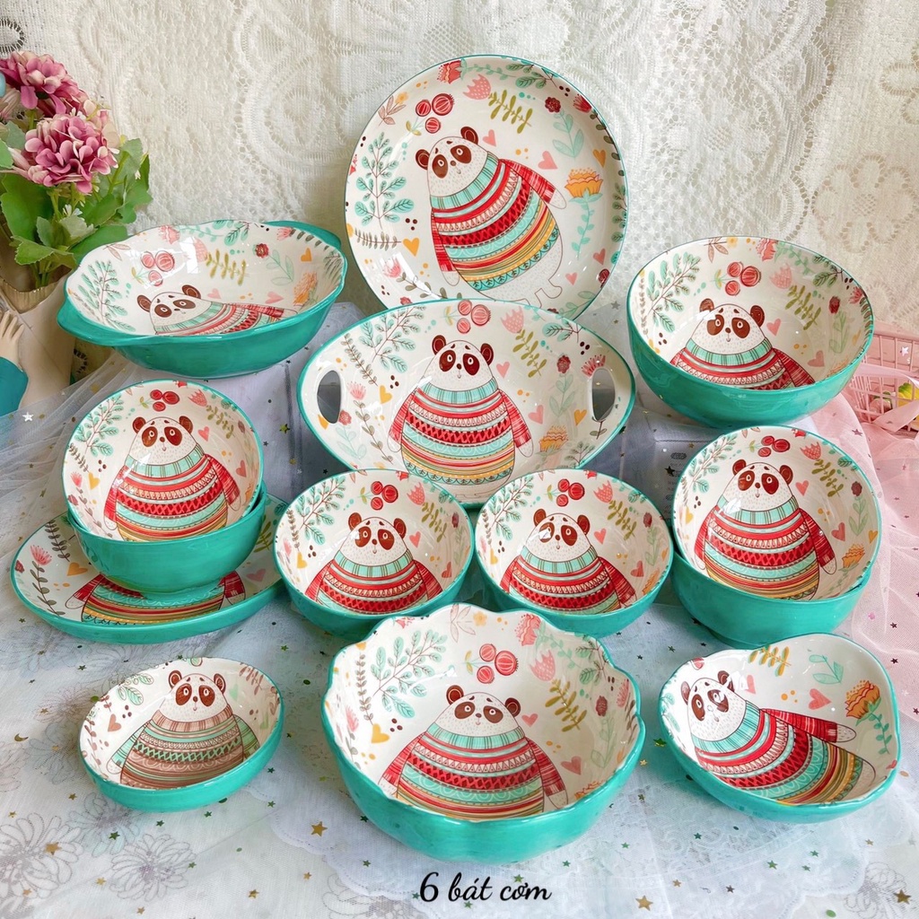 Chén Dĩa Dễ Thương Đĩa Sứ  Set Bát Đĩa Gấu PanDa  Decor Bát Ăn Cơm Chén Sứ Đẹp S173