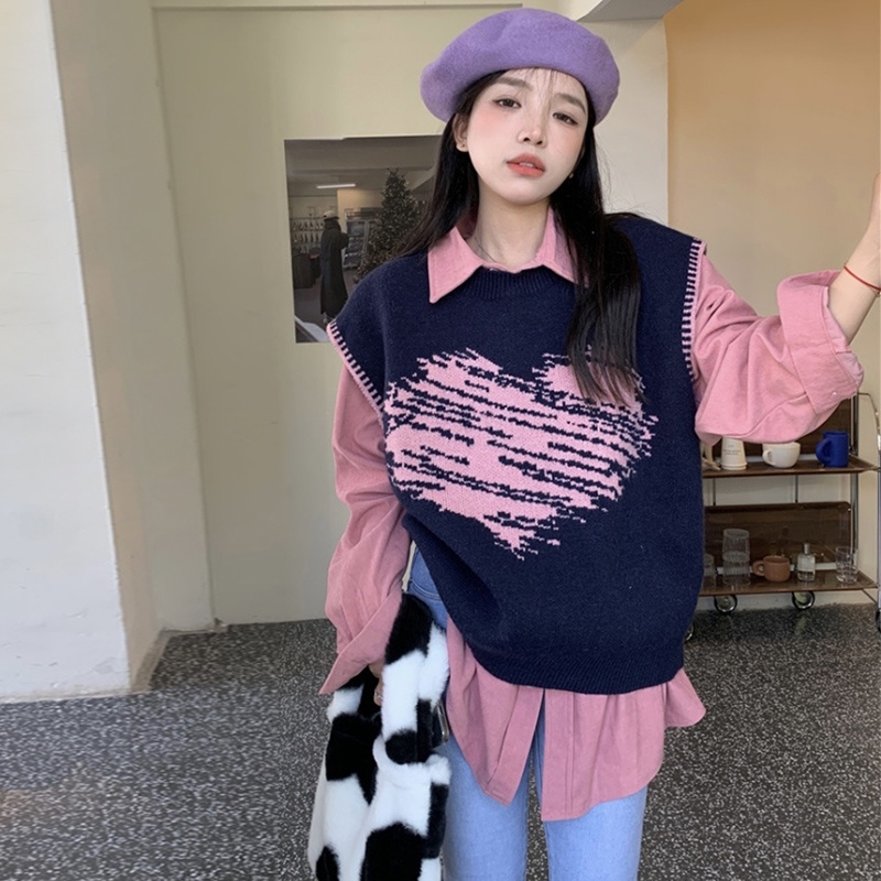 Áo Sweater Không Tay In Họa Tiết Trái Tim Màu Sắc Tương Phản Phong Cách Hàn Quốc Cho Nữ