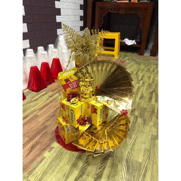 Set phụ kiện hoa lá cành nhũ B4 trang trí tháp bánh, không gồm bánh