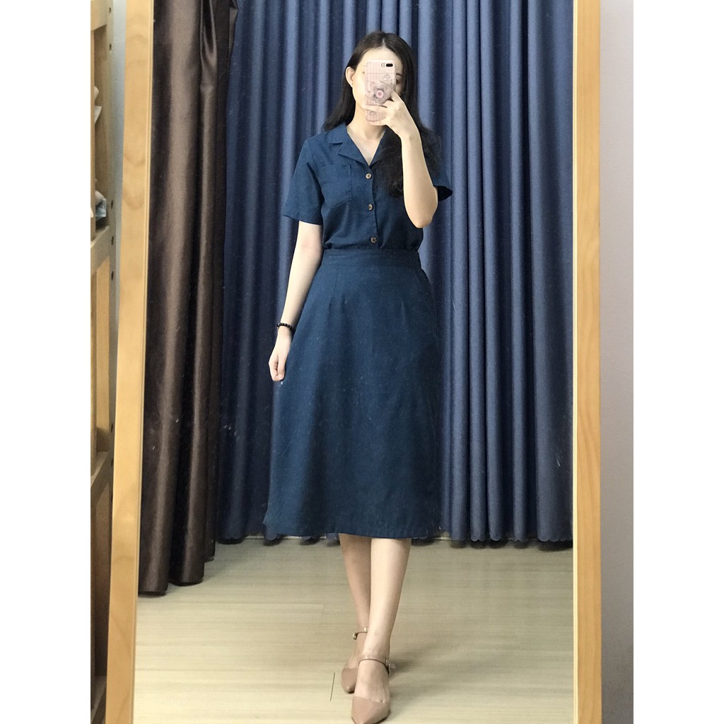 Váy Công Sở Chữ A Tay Ngắn LEOSWEARING Set Chân Váy Dài Qua Gối Lưng Thun và Áo Sơ Mi Chất Vải Linen Bột dam cong so B11