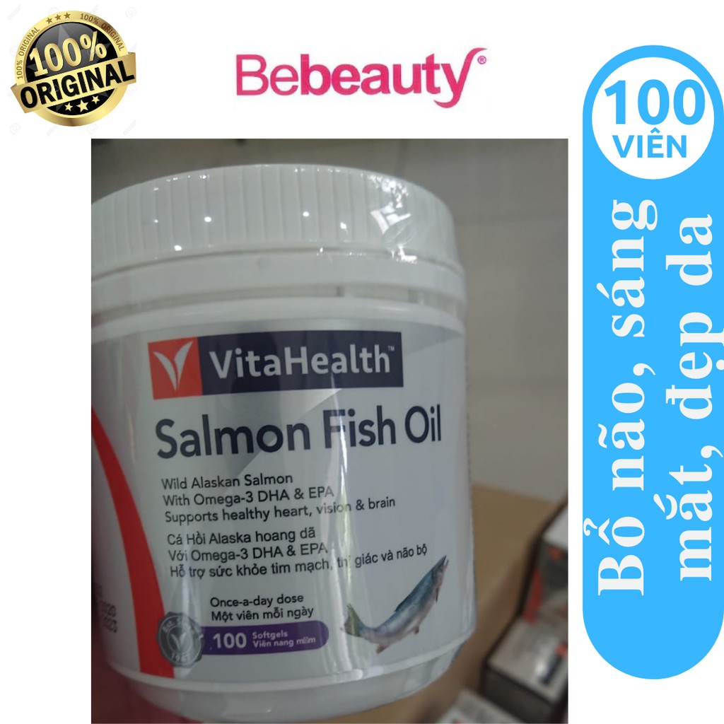 Thực Phẩm Chức Năng Dầu Cá Omega-3 Bổ Não, Sáng Mắt, Đẹp Da Vitahealth Wild Pacific Salmon Oil 100 Viên/hộp