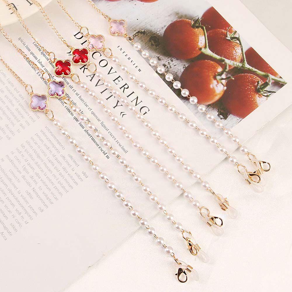 Dây Xích Kim Loại Đeo Mắt Kính Chống Trượt Màu Đỏ / Đen / Trắng Họa Tiết Cỏ Bốn Lá Xinh Xắn Cho Nữ