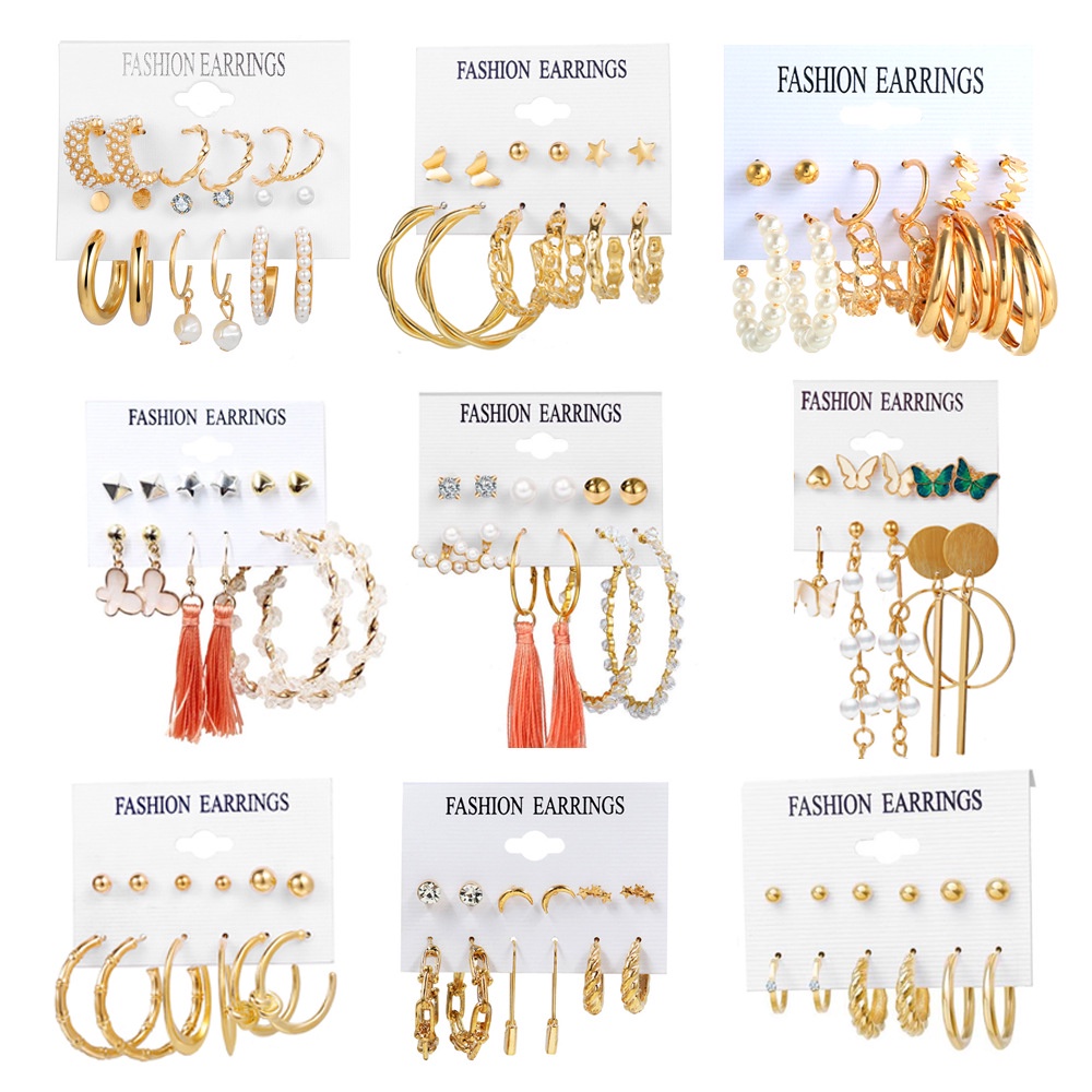 Khuyên Tai Ngọc Trai Hợp Thời Trang | Set 9 Đôi Bông Tai Tua Rua Dễ Phối Đồ Thời Trang Cho Nữ