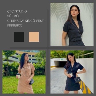 Set áo vest đũi ngắn tay mix chân váy ôm dáng thanh lịch
