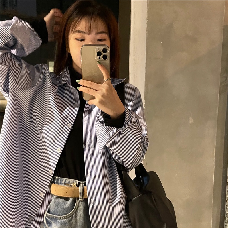 Áo Sơ Mi Tay Dài Họa Tiết Kẻ Sọc Phong Cách Retro Hàn Quốc