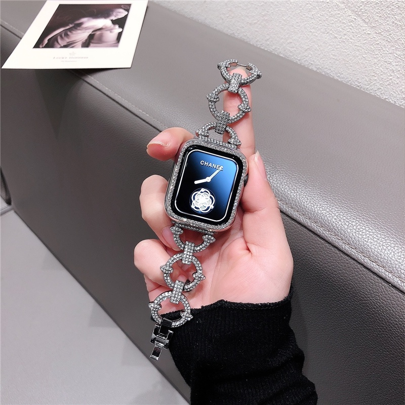 Sang Trọng Dây Đeo Đồng Hồ Bằng Kim Loại Đính Đá Hình Chữ O Cho iwatch 7 6 SE 5 4 3 2 1 / 41mm 45mm 38mm 40mm 42mm 44mm