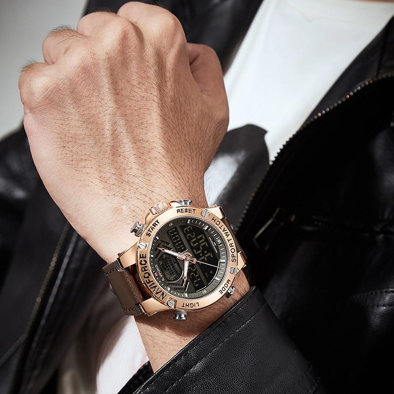 Đồng Hồ Điện Tử Nam NAVIFORCE 9164 Chống Nước Với Dây Đeo Da