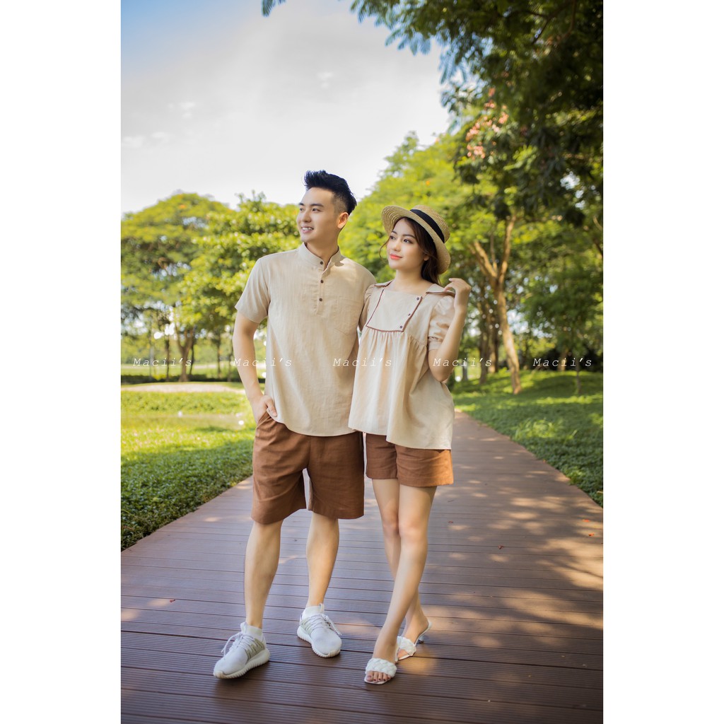 Đồ đôi mẹ bé, đồ đôi gia đình - Set be viền nâu chất liệu đũi mát mẻ