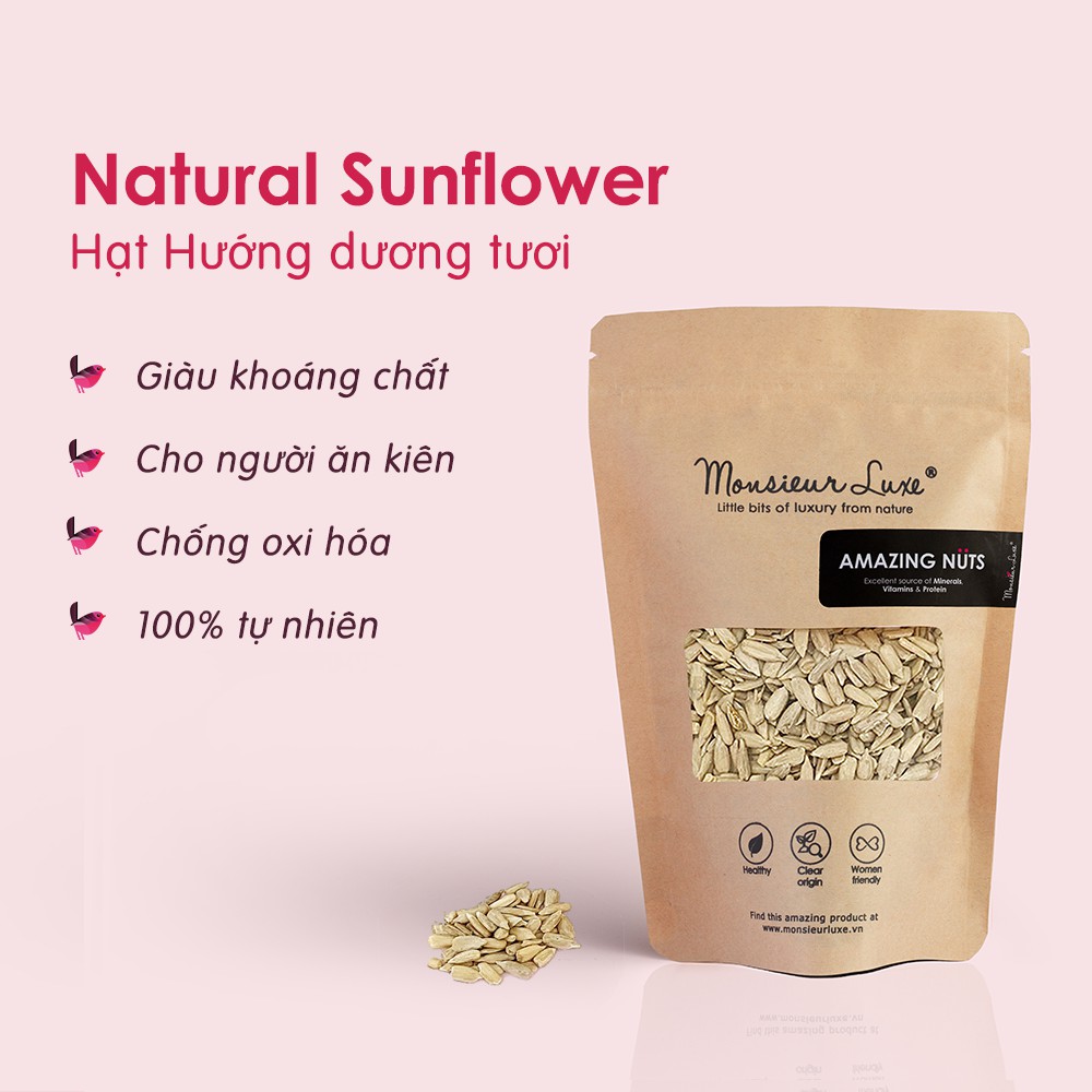 Hạt Hướng dương tươi Luxe (Natural Sunflower) Giàu khoáng chất,Cho người ăn kiêng, Chống Oxi hóa, Clean Eating