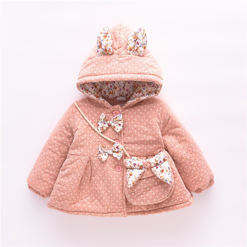 Áo khoác cotton tay dài có mũ trùm tai thỏ in họa tiết hoa chấm bi dễ thương dành cho bé gái 6 tháng - 3 tuổi