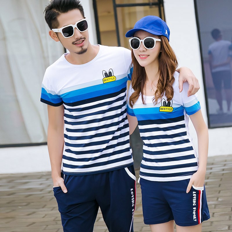 áo thun unisex Áo đôi nam nữ áo cặp đẹp đồ đôi du lịch phối sọc màu xanh YAME Couple AT01