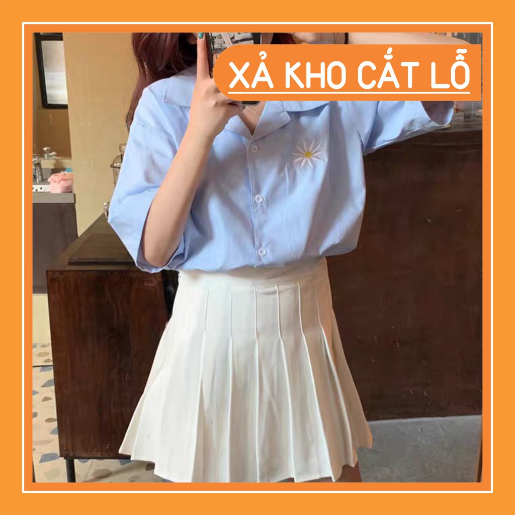 [Xả kho] Mới -  SET ÁO SƠ MI XANH THÊU HOA MIX CHÂN VÁY TENNIS TRẮNG ULZZANG