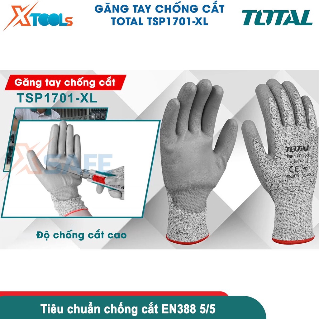 Găng tay bảo hộ TOTAL TSP1701 size XL tiêu chuẩn EN388:4542, bảo vệ an toàn, tăng độ bám [CHÍNH HÃNG][XTOOLS]