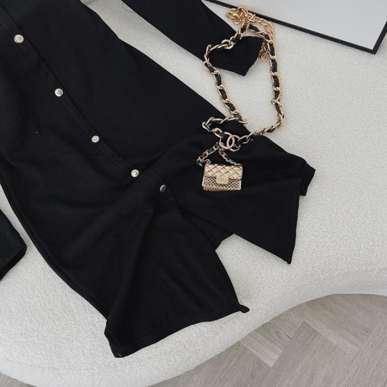 Đầm body đen tay dài hàng nút bạc