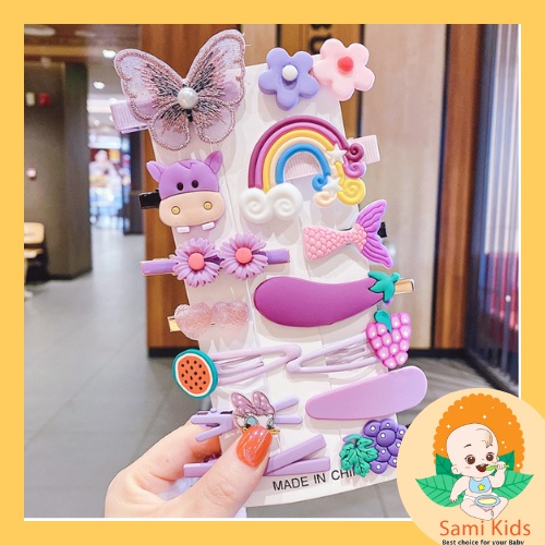 Set 14 kẹp tóc mái hàn quốc đẹp cho bé, cặp tóc nơ cute hình hoa, trái cây, công chúa SAMI KIDS