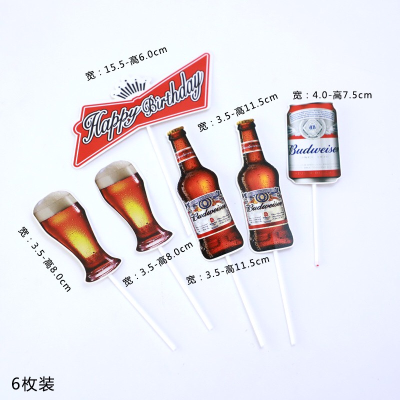 Set qua cắm trang trí bánh kem, bánh sinh nhật chủ đề bia 6 chi tiết