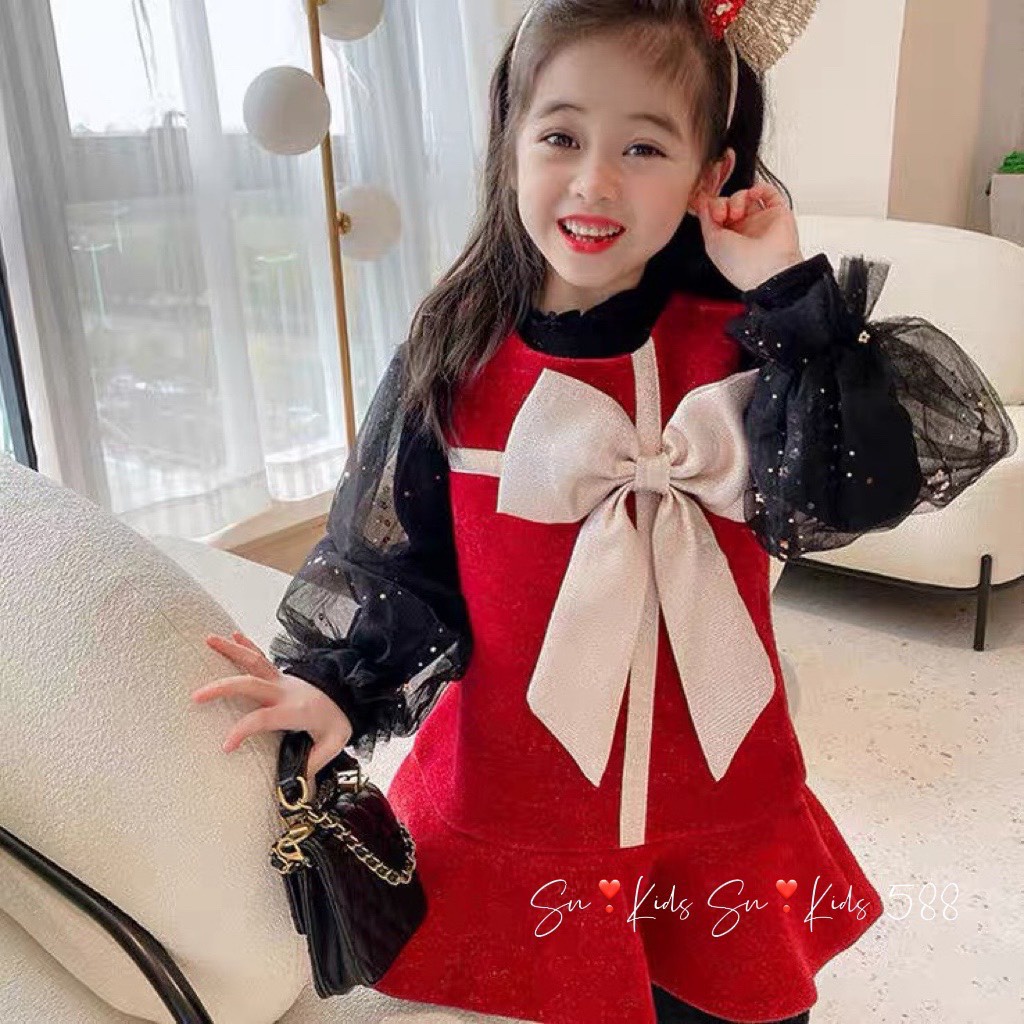 Váy đỏ bé gái, váy nhung đỏ đuôi cá kèm áo tổ ong tay ren đi tiệc cho bé